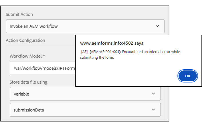 Screenshot showing the error generated when we submit an adaptive form to and AEM workflow