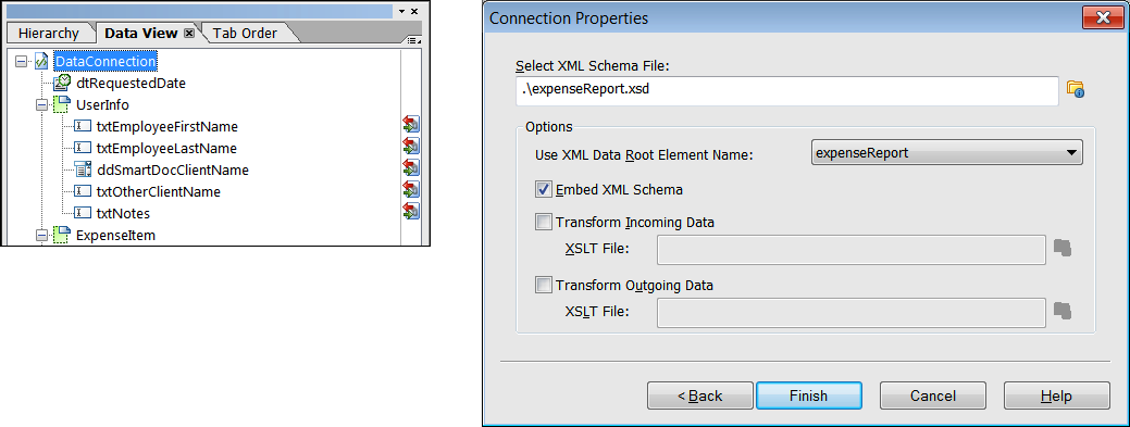 The Data View palette showing an XML schema binding