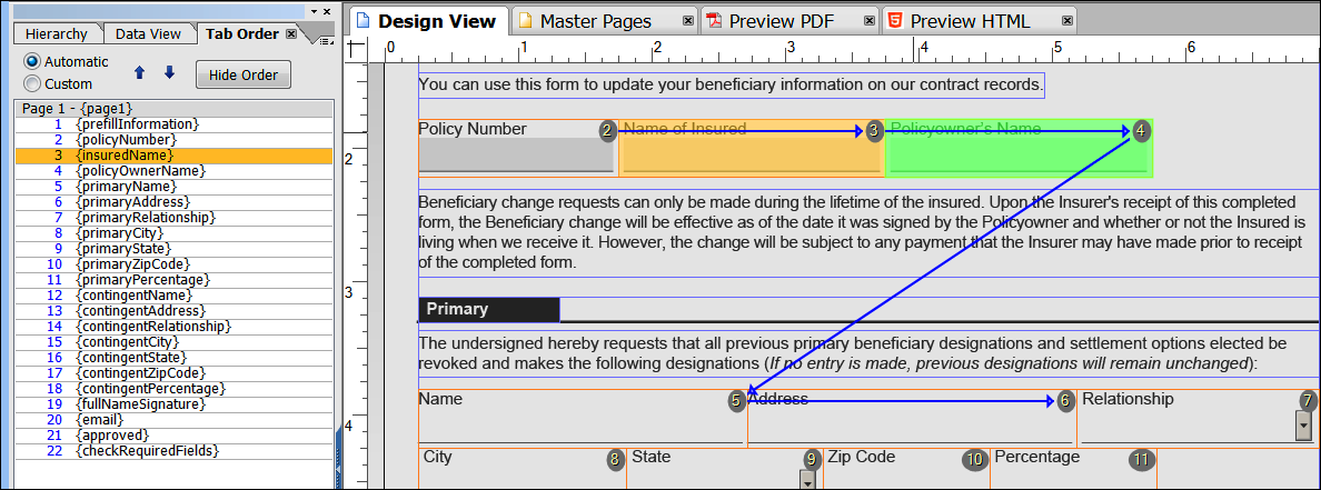 AEM Forms Designer Tab Order palette