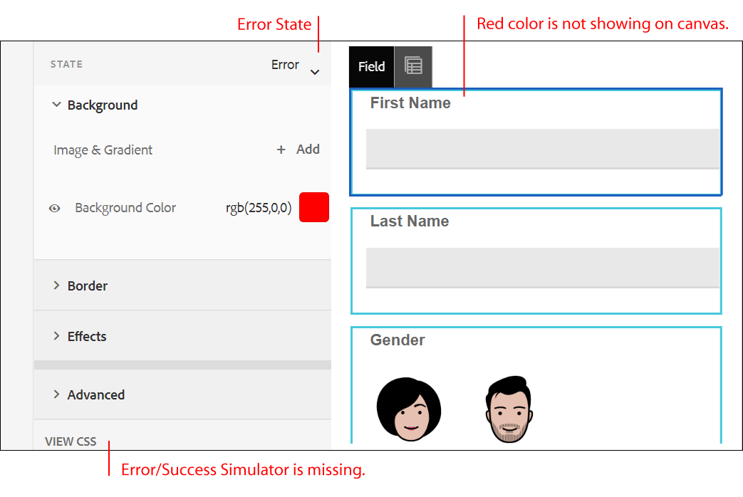AEM Forms Theme Editor showing missing Error Success State Simulator