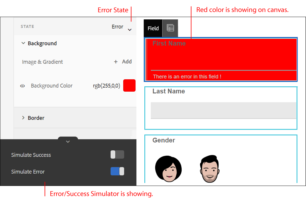 AEM Forms Theme Editor showing corrected Error Success State Simulator