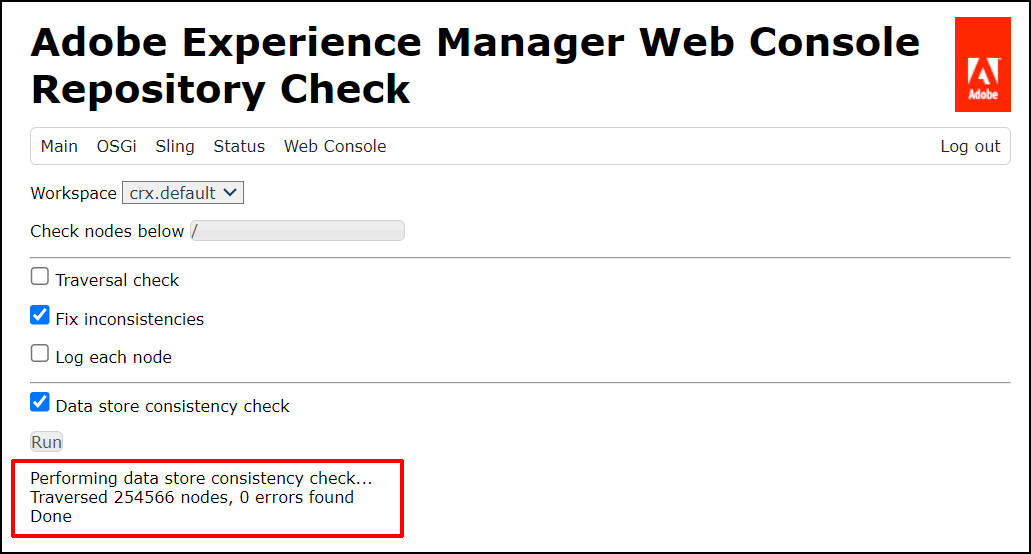 Screenshot of the AEM Web Console Repository Check