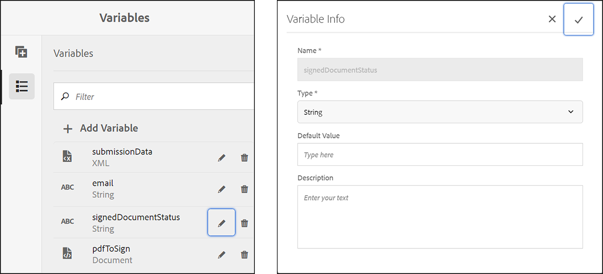 Create a String variable named signedDocumentStatus in your AEM Forms workflow
