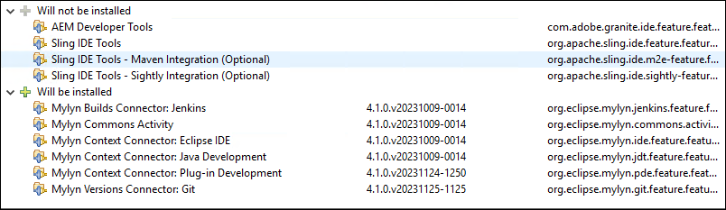 Screenshot showing the AEM Developer Tools will not be installed