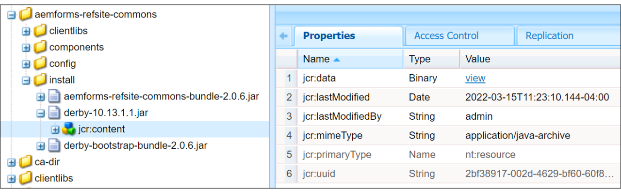 Screenshot showing the Derby database in AEM Forms