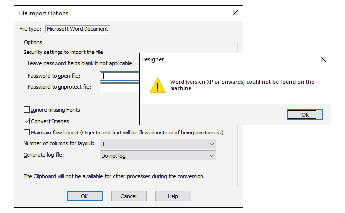 Word (version XP or onwards) could not be found on this machine