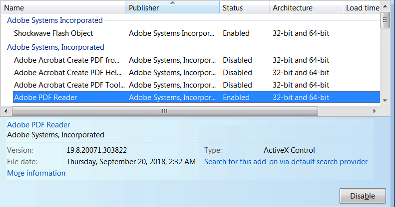 Find the Adobe PDF Reader add-on and select it.