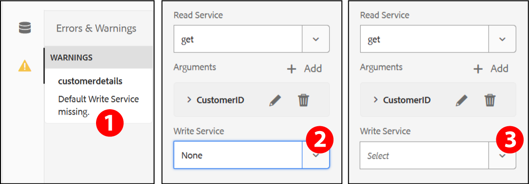 Diagram with screenshots showing the Default Write Service Missing warning