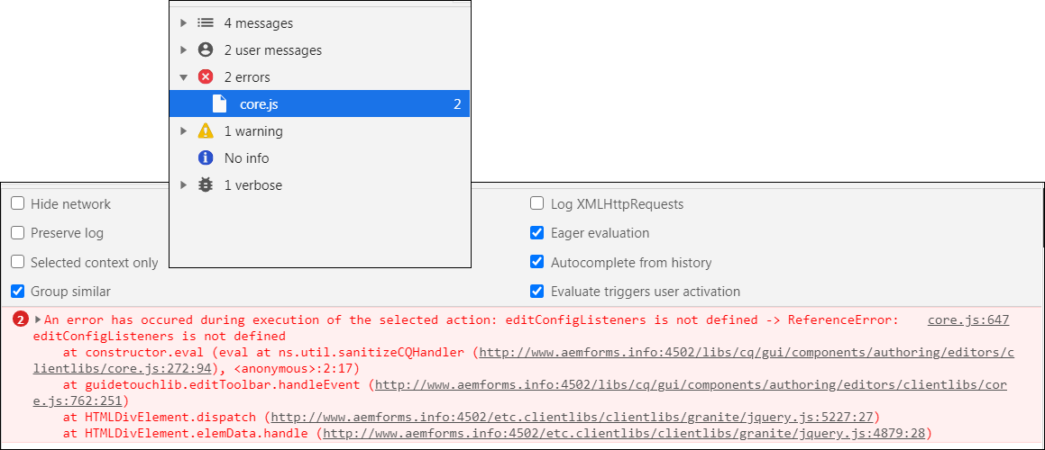 An Adaptive form template error shown in the JavaScript Console