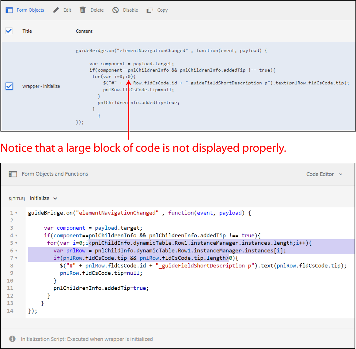 2 screenshots showing inaccurate JavaScript display in the AEM Forms Rules Editor