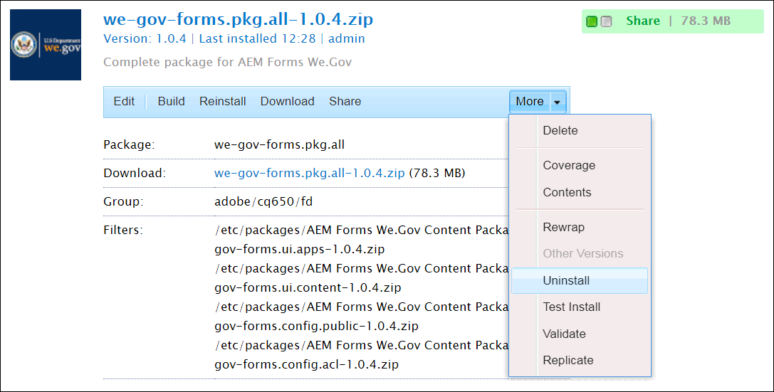uninstall adobe we.gov sample application