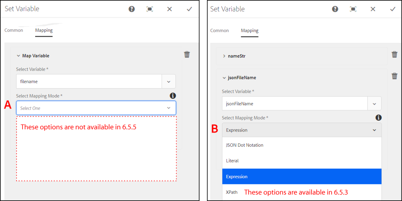 The Select Mapping Mode in the Set Variable workflow step is missing in 6.5.5