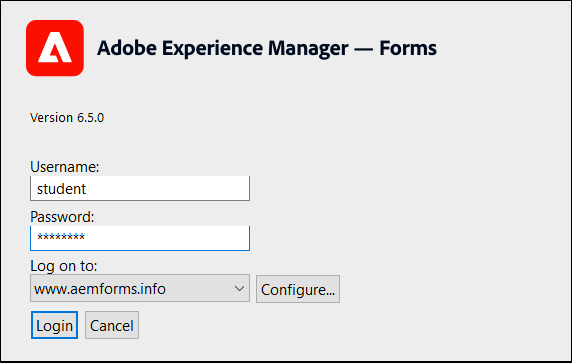 AEM Workbench User login screen