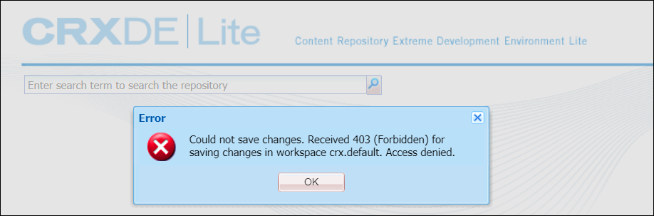 A screenshot showing that changes could not be saved in CRXDE